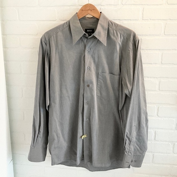 Hugo Boss Men Button down Shirt Designer Luxury Gray Pinstripes L 15.5 - Picture 2 of 13